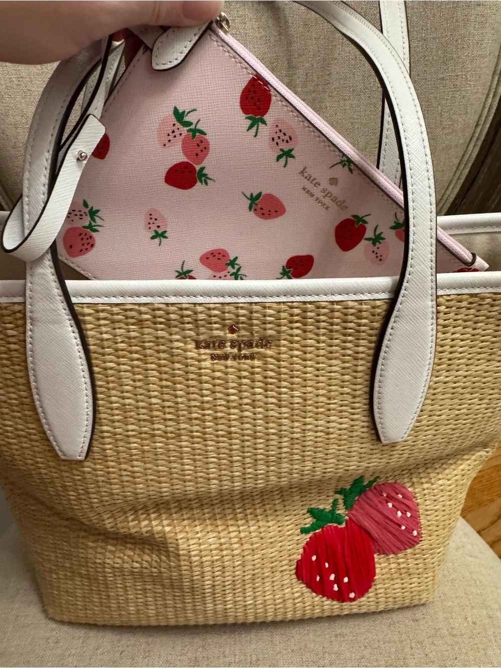 Kate Spade Straw Tote with Strawberry Applique and wristlet